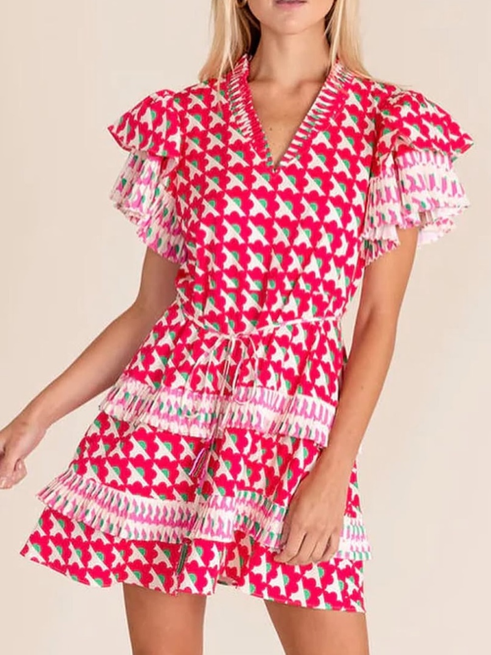 Alden Day Pink & Green Printed Ruffle Casual Dress - Picture 10 of 10